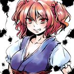  breasts cleavage face faux_traditional_media grin hair_bobbles hair_ornament large_breasts matilda onozuka_komachi red_eyes red_hair short_hair smile solo touhou two_side_up upper_body 