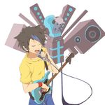  bad_id bad_pixiv_id black_hair closed_eyes copyright_request earrings guitar headphones highlights instrument jewelry male_focus microphone multicolored_hair music singing solo speaker spiked_hair vintage_microphone wristband yuukari 
