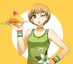  :o brown_eyes brown_hair camisole chan_co choker food one_eye_closed persona persona_4 satonaka_chie short_hair solo upper_body wristband 
