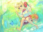  ame_yamori animal animal_ears animal_on_shoulder barefoot bird bird_on_shoulder blonde_hair convenient_leg copyright_request flower forest macaw nature parrot red-and-green_macaw smile solo swing 