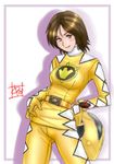  abare_yellow bakuryuu_sentai_abaranger belt bodysuit brown_hair gloves helmet itsuki_ranru lowres sentai skirt solo 