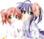  alternate_hairstyle blue_hair cotton_candy green_eyes izumi_konata japanese_clothes kimono kobayakawa_yutaka lucky_star mask mole mole_under_eye multiple_girls official_art ponytail red_hair yoshimizu_kagami yukata 