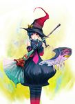  art_brush blue_hair broom elbow_gloves giant_brush gloves hat highres original paintbrush palette pantyhose patipat_asavasena red_eyes solo witch witch_hat 