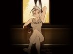  ankle_wrap armpits bandages barefoot breasts crossed_legs feet fingerless_gloves gloves hair_pulled_back ibuki_(street_fighter) large_breasts ninja omar_dogan ponytail shirt signature sitting smile solo street_fighter street_fighter_iii_(series) tank_top towel wallpaper 