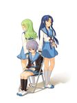  asakura_ryouko back-to-back blue_hair blue_sailor_collar book cardigan chair glasses green_hair kimidori_emiri kita_high_school_uniform long_hair long_sleeves multiple_girls nagato_yuki non-web_source sailor_collar school_uniform serafuku short_hair silver_hair sitting standing suzumiya_haruhi_no_yuuutsu 