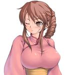  blush braid breasts brown_eyes brown_hair chabo_(fuketsudan) copyright_request japanese_clothes kimono large_breasts one_eye_closed scar solo 