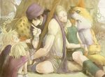  2girls bianca bianca's_daughter bianca's_son blonde_hair borongo bow braid cape cat closed_eyes dragon_quest dragon_quest_v dress gloves green_eyes hair_bow hair_over_shoulder hero_(dq5) long_hair maona0813 monster multiple_boys multiple_girls short_hair single_braid sleeping 