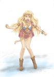  bent_over blonde_hair boots brown_footwear closed_eyes full_body hirasawa_meio knee_boots long_hair macross macross_frontier midriff navel screaming sheryl_nome simple_background solo standing stomach very_long_hair white_background wince 