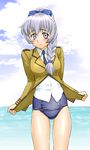  blush braid full_metal_panic! no_pants one-piece_swimsuit school_swimsuit side_braid silver_eyes silver_hair solo swimsuit swimsuit_under_clothes teletha_testarossa ueyama_michirou 