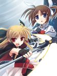  bardiche belt blonde_hair blue_eyes brown_hair buckle cape fate_testarossa fingerless_gloves floating_hair full_moon gloves hair_ribbon kusakami_akira long_hair looking_at_viewer lyrical_nanoha mahou_shoujo_lyrical_nanoha mahou_shoujo_lyrical_nanoha_a's moon multiple_girls night puffy_sleeves red_eyes ribbon serious sky staff star_(sky) starry_sky takamachi_nanoha twintails very_long_hair worried 