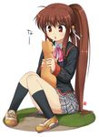  :o bad_id bad_pixiv_id bow brown_hair cat full_body highres little_busters! long_hair nagian natsume_rin pink_bow ponytail red_eyes school_uniform sitting skirt socks solo 