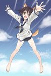 :d animal_ears bangs bare_legs barefoot black_neckwear black_swimsuit blue_sky blush brown_eyes brown_hair cloud day dog_ears dog_tail feet floating full_body happy highres long_sleeves looking_at_viewer midair miyafuji_yoshika neckerchief no_pants one-piece_swimsuit open_mouth outdoors outstretched_arms satou_atsuki school_swimsuit short_hair sky smile solo spread_fingers strike_witches swimsuit swimsuit_under_clothes tail tareme world_witches_series 