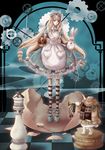  alice_(wonderland) alice_in_wonderland apron artist_request blonde_hair blue_eyes board_game bow chess crown curly_hair decapitation dress long_hair severed_head socks solo striped striped_legwear white_rabbit 