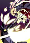  bardiche black_legwear black_panties blonde_hair cape electricity fate_testarossa floating_hair from_side glowing hair_ribbon long_hair lyrical_nanoha magic magical_girl mahou_shoujo_lyrical_nanoha okiura panties profile red_eyes ribbon solo thighhighs twintails underwear very_long_hair 