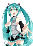  aqua_eyes aqua_hair armpits caffein detached_sleeves hands hatsune_miku headset long_hair music necktie open_mouth outstretched_arm outstretched_hand reaching singing skirt solo tattoo thighhighs twintails very_long_hair vocaloid zettai_ryouiki 