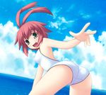  antenna_hair ass bent_over bow breasts cloud day green_eyes medium_breasts one-piece_swimsuit outdoors red_hair renkin_san-kyuu_magical_pokaan shimakaze sky solo swimsuit water white_swimsuit yuuma_(renkin_san-kyuu_magical_pokaan) 