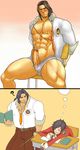  1boy abs age_difference blush body_hair copyright_request dreaming drooling dynasty_warriors erection lu_meng lu_xun magnum_feering male_focus muscle pecs penis restrained saliva size_difference sleeping smile solo student teacher 