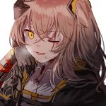 brown_hair bruise collared_shirt crossed_bangs damaged dirty fingerless_gloves girls_frontline gloves hair_between_eyes hair_ornament hand_up headgear injury jacket long_hair looking_at_viewer mod3_(girls_frontline) one_eye_closed one_side_up open_mouth scar scar_across_eye shirt silence_girl simple_background smile strap sweat ump45_(girls_frontline) upper_body white_background yellow_eyes 