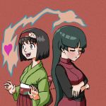  black_hair celestegbf closed_mouth clothed_mouth creatures_(company) crossed_arms erika_(pokemon) female game_freak hairband japanese_clothes kimono long_hair multiple_girls natsume_(pokemon) nintendo open_mouth pokemon pokemon_(game) pokemon_lgpe pokmon_(game) red_background short_hair siimple_background simple_background smile telepathy yuri 
