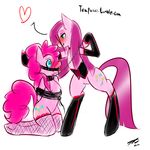 2012 ball_gag bound collar corset cutie_mark dual_persona duo equine female friendship_is_magic fur gag gagged green_eyes hair horse kneeling leash legwear mammal mrfatcakes my_little_pony pink_fur pink_hair pinkamena_(mlp) pinkie_pie pinkie_pie_(mlp) plain_background pony pussy pussy_juice signature square_crossover stockings straight_hair tears white_background 