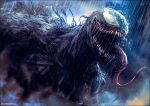  1boy artist_name cloud cloudy_sky grey_eyes k-suwabe long_tongue male_focus marvel monster open_mouth rain saliva sharp_teeth sky solo teeth tongue tongue_out venom_(marvel) 