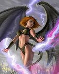  alan_guiterrez alangutierrezart black_nails breasts clothed clothing demon destruction energy female hair lightning monster_rancher not_furry orange_hair pixie pixie_(monster_rancher) seductive skimpy sky solo succubus wings 