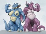  3_fingers anthro areola balls belly biceps big_belly big_breasts big_penis blue_body blue_nipples breasts chubby claws duo erection female flaccid flexing hand_holding hooves huge_breasts long_penis looking_at_viewer male muscles navel nidoking nidoqueen nintendo nipples nude penis plain_background pok&#233;mon pokemon pose purple_body purple_penis pussy standing straight two_toes video_games white_background 