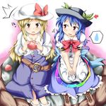  bad_id bad_pixiv_id blonde_hair blue_hair eating food fruit hat hinanawi_tenshi holding holding_food holding_fruit keystone konata_gazel long_hair multiple_girls peach ribbon rope shimenawa touhou watatsuki_no_toyohime 