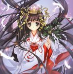  artist_request black_hair brown_eyes copyright_request feathers japanese_clothes long_hair solo 