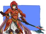  armor axe cape elbow_gloves fire_emblem fire_emblem:_monshou_no_nazo fire_emblem:_shin_ankoku_ryuu_to_hikari_no_tsurugi gloves headband japanese_clothes michael minerva_(fire_emblem) red_armor red_hair short_hair sketch solo standing sword weapon 