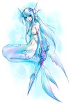  blue blue_hair breasts copyright_request expressionless head_fins head_tilt komine_minamo long_hair mermaid monster_girl nipples nude small_breasts solo sword weapon wings 
