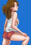  blue_background blue_eyes breasts brown_hair copyright_request gym_uniform large_breasts lips lowres matoyama oekaki sideboob solo 