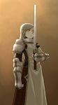  armor ayakura_juu blonde_hair cross long_hair original pauldrons solo sword tabard weapon white_eyes 