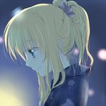  air alternate_costume blonde_hair blush floral_print hair_ribbon japanese_clothes kamio_misuzu kayune_niu kimono ponytail profile ribbon short_hair smile solo upper_body 