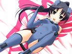 :d ahoge bangs bare_shoulders bed bed_sheet black_hair blue_footwear blue_gloves blue_legwear blue_leotard blush boots breasts clenched_hand covered_navel crotch dutch_angle elbow_gloves gloves halterneck headgear high_ponytail hyokkori_tamago ichijou_eika leg_up leotard logo long_hair looking_at_viewer lying motion_slit on_back on_bed open_mouth parted_bangs pilot_suit ponytail silhouette silver_eyes sky_girls small_breasts smile solo thigh_boots thighhighs turtleneck 