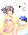  artist_request bikini black_hair dolfini food kooh pangya red_eyes short_hair solo swimsuit twintails 