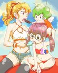  barefoot bikini blonde_hair child day denim denim_shorts dr._slump food glasses kimidori_akane melting mov multiple_girls norimaki_arale norimaki_gajira ponytail popsicle purple_hair shorts side-tie_bikini sitting swimsuit thighhighs twintails 