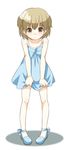  bare_legs blue_skirt blush brown_eyes brown_hair dress mary_janes mattaku_mousuke original shoes short_dress short_hair simple_background skirt skirt_hold sleeveless sleeveless_dress solo white_background 