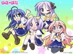  :3 ahoge arm_up blue_eyes blue_hair blush chibi clenched_hand clenched_hands glasses green_eyes hair_ribbon hiiragi_kagami hiiragi_tsukasa izumi_konata kneeling long_hair lucky_star lucky_star_~ryouou_gakuen_outousai~ mole mole_under_eye multiple_girls non-web_source one_eye_closed open_mouth pantyhose pink_hair pleated_skirt purple_eyes purple_hair raised_fist ribbon ryouou_school_uniform school_uniform serafuku shoes short_hair siblings sisters sitting skirt smile socks star takara_miyuki twins twintails very_long_hair wallpaper yoshimizu_kagami 