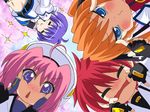  3girls \m/ ahoge blue_hair caro_ru_lushe erio_mondial fingerless_gloves gloves hat kerykeion kirisawa_tokito lucky_star lyrical_nanoha magical_boy magical_girl mahou_shoujo_lyrical_nanoha_strikers multiple_girls orange_hair parody pink_hair subaru_nakajima teana_lanster twintails 