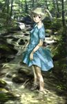  barefoot blonde_hair blue_eyes blush copyright_request dress forest nature rasukaru shade smile solo stream twintails wading water 