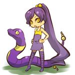  costume ekans gen_1_pokemon hitec long_hair moemon personification pokemon pokemon_(creature) ponytail purple_hair simple_background sleeveless snake standing thighhighs yellow_eyes 