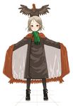  ayakura_juu bird blush cape chicken coat copyright_request object_on_head pantyhose red_eyes scarf short_hair silver_hair solo 
