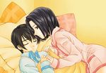  1girl androgynous bed black_hair grey_eyes kujou_subaru oneki pajamas pillow sakura_taisen sakura_taisen_v short_hair sleeping taiga_shinjirou 