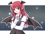  bat_wings book fang head_wings koakuma long_hair pointy_ears red_eyes red_hair solo takase_kanan touhou wings 