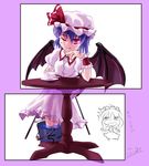  bat_wings blue_hair bucket cup fang fumitsuki_(minaduki_6) izayoi_sakuya multiple_girls red_eyes remilia_scarlet soaking_feet table teacup touhou translated wings 