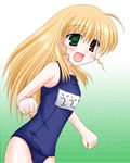  blonde_hair blush green_eyes hair_down heterochromia long_hair lyrical_nanoha mahou_shoujo_lyrical_nanoha_strikers name_tag non-web_source one-piece_swimsuit red_eyes school_swimsuit solo swimsuit vivio 