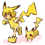  :3 animal_ears blonde_hair blush_stickers brown_eyes costume gen_1_pokemon gloves hitec moemon personification pikachu pikachu_ears pokemon pokemon_(creature) pokemon_ears running short_hair simple_background smile tail 