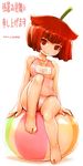  ball bare_legs barefoot beachball blush feet foreshortening full_body habanero-tan highres jolokia looking_at_viewer one-piece_swimsuit original plump red_eyes red_hair school_swimsuit shigatake short_hair simple_background sitting smile solo swimsuit 