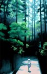  artist_request bicycle copyright_request forest ground_vehicle nature pink_hair scenery school_uniform solo stairs tree twintails walking 
